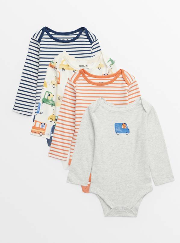 Car & Stripe Print Long Sleeve Bodysuits 4 Pack Up to 3 mths